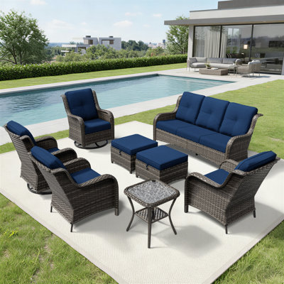 7 - Person Wicker Patio Furniture Set with Swivel Chairs, All-Weather Outdoor Rattan Sofa Conversation Set with Cushions for Garden, Backyard & Porch