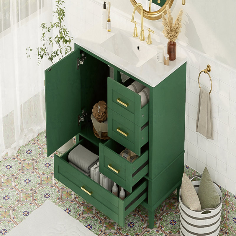 Meuble-lavabo moderne 36 po avec cadre en pin massif, 1 porte à fermeture douce et 3 tiroirs, armoire de rangement moderne