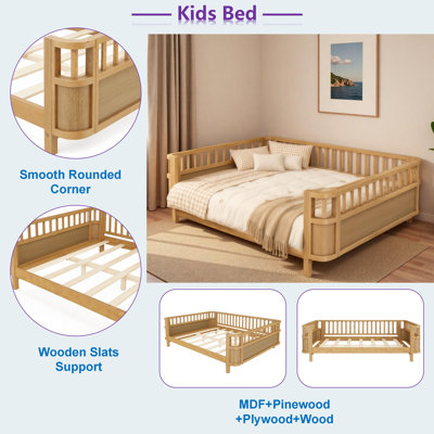 Low Profile Kids Bed with Smooth Rounded Corner and Wooden Slats Support