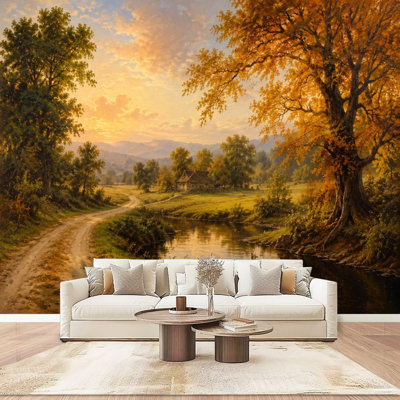 Décoration murale d'automne, paysage de rivière, arbres dorés, campagne, vallée, papier peint autocollant, décoration murale moderne pour le salon de la chambre à coucher, L 100 po x l 144 po