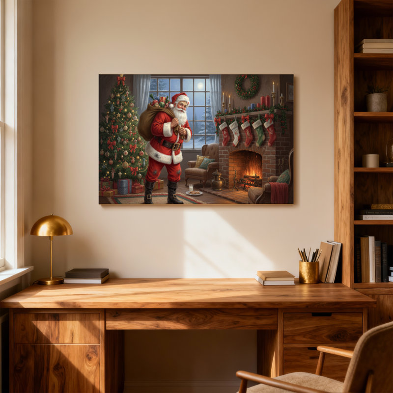Foyer de Noël avec arbre de Noël et père Noël, H 20 po x l 30 po