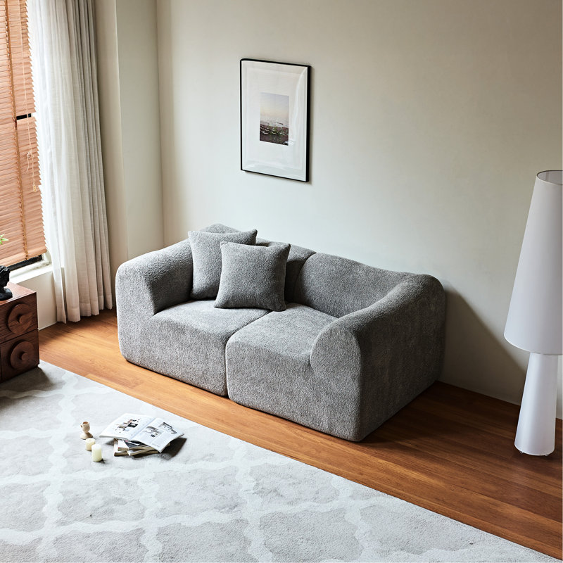 Velours 2 places, peu encombrant, gris, comprimé doux, rembourrage en mousse, coussins, glissade