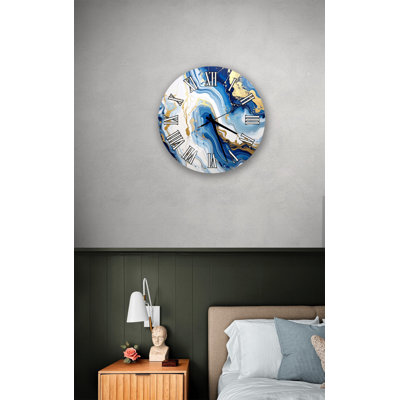 Horloge murale en marbre bleu, art abstrait en verre trempé, décoration de la maison en or bleu marine, montre ronde océan moderne, cadeau de salon de luxe