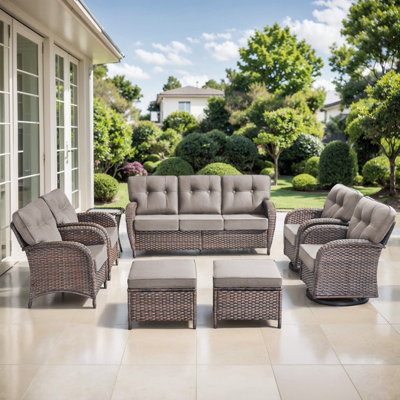 Agnes 7 Person Outdoor Wicker Patio T-Back Cushions Conversation Furniture With Ottomans, Gray