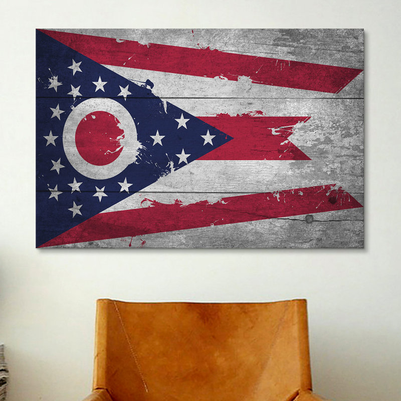 «Flags Ohio Planks with Splatters», impression sur toile, H 18 po x l 26 po x P 1,5 po, Toile avec cadre noir, Pas de tapis