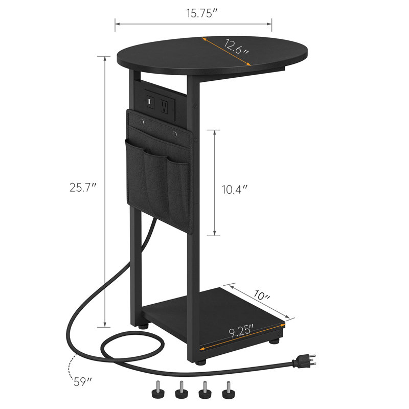 Table d'appoint rustique en forme de C avec station de charge et poches de rangement - Table de bout compacte pour petits espaces, canapé polyvalent et table de chevet