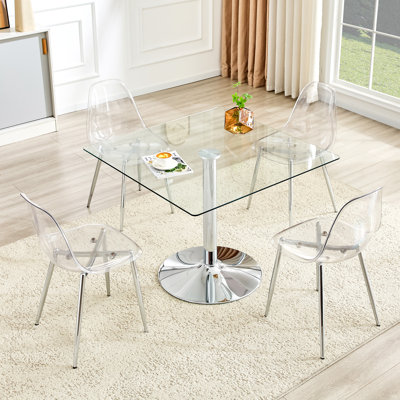 Ensemble de table de salle à manger et de chaises Table de salle à manger carrée en verre de 38,5 pouces avec base en métal argenté 4 chaises en plastique transparent avec pieds en métal argenté