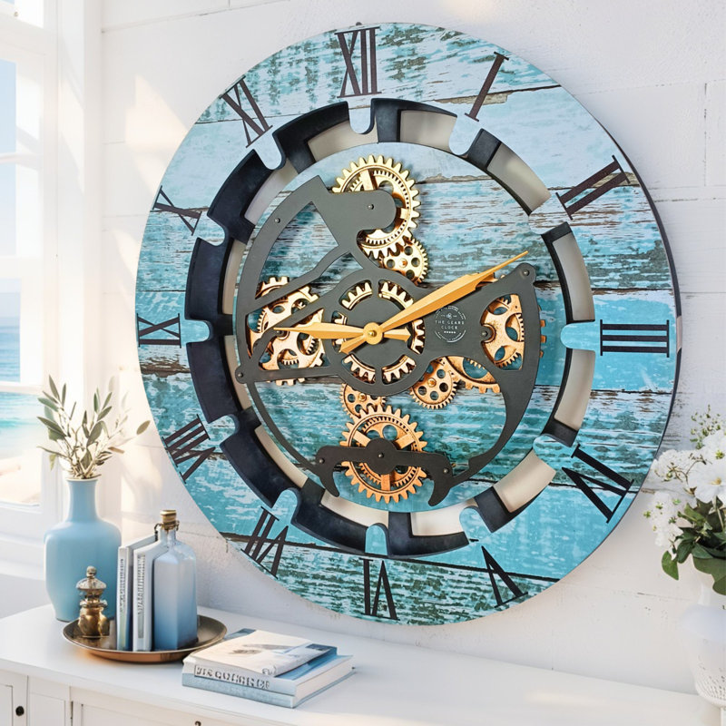 Horloge murale ronde surdimensionnée de 24 po pour le salon avec la collection Real Gear Gears Canada, Vert turquoise