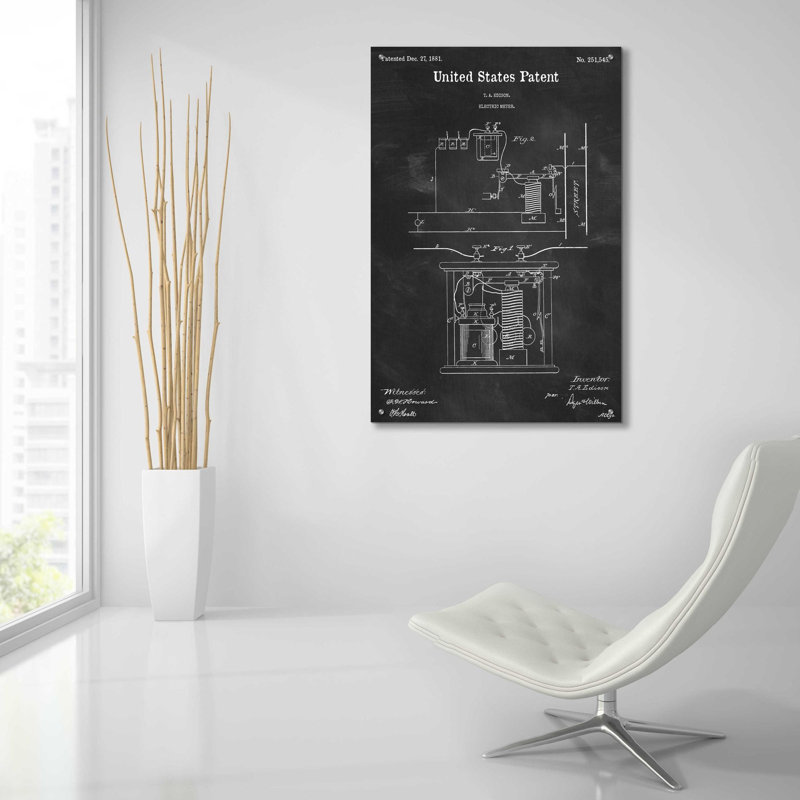«Edison Electric Meter Blueprint Vernis tableau noir», art mural en verre acrylique, H 36 po x l 24 po x P 0,2 po
