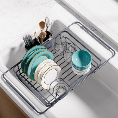 Extendable Dish Drying Rack Over Sink with Dish Drainer, Sink Organization and Storage Essentials with Silverware & Utensil Holder, Home and Apartment Decor, 12" W x 16.1~23" L, Gray