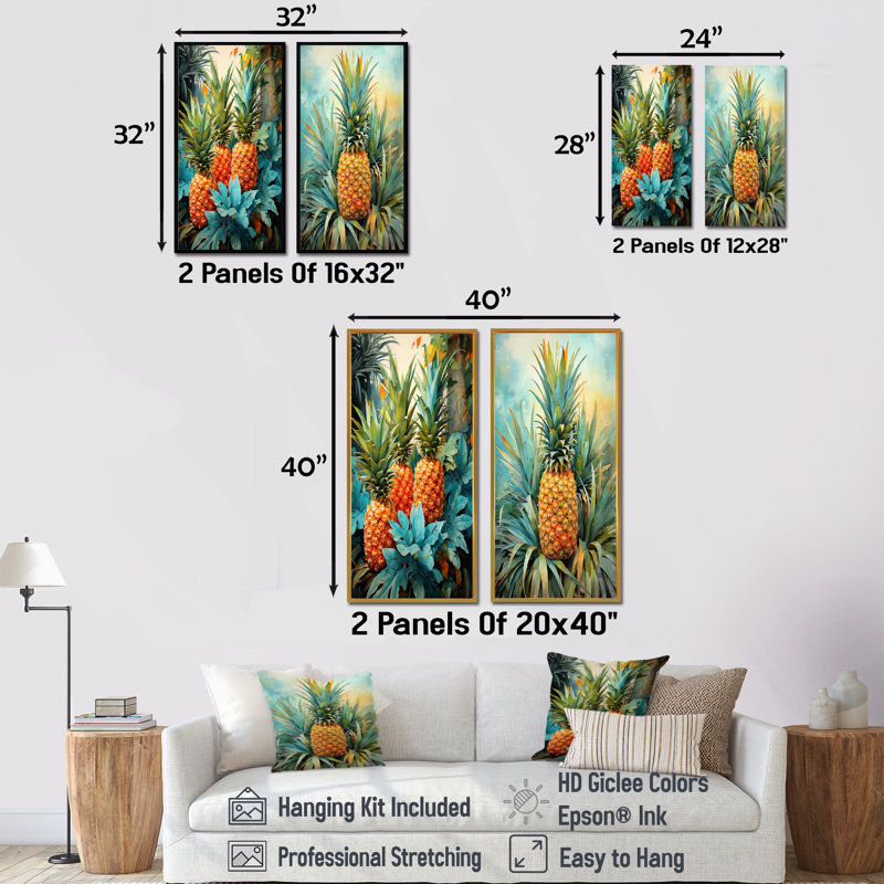 Ensemble de salon mural vert et bleu avec ananas tropicaux I - fruits, Encadrement brun, H 32 po x l 33 po