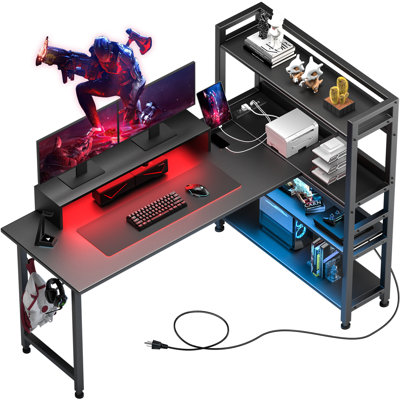Gaming L Shaped Computer Desk, 55" Home Office Desk with Shelves, L Shape Computer Corner Desk with Charging Port, Gaming Table Power Outlet Build in, LED Writing Desk with Monitor Stand Black