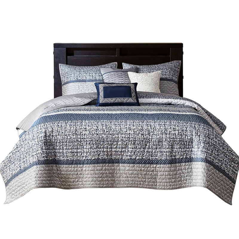 Courtepointe bleu marine avec coussins brodés - Collection double / grand, réversible et élégante 6 pièces, Marine