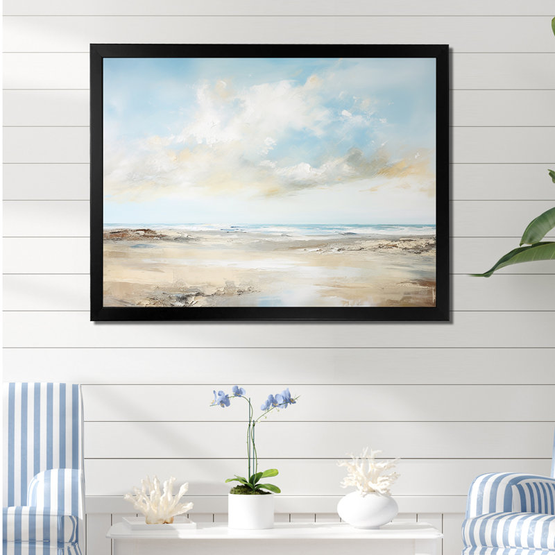 «Beige et bleu plage», horizon minimal III sur toile, Cadre simple noir, H 30 po x l 40 po x P 1,5 po