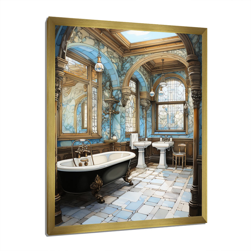 Bathroom Elegant Monochrome Framed On Canvas Print, Gold Single Picture Framed, 32" H x 24" W x 1" D