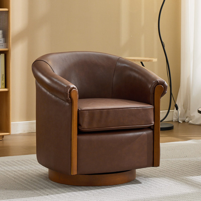 29.5'' W Genuine Leather Upholstered Swivel Barrel Chair, Brown