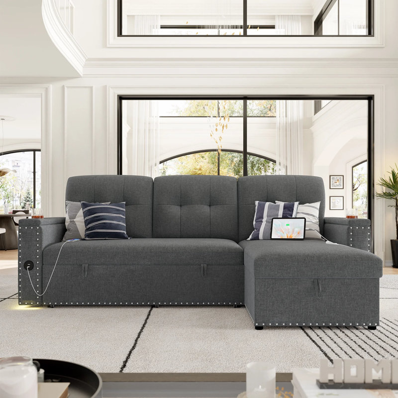 Sectional Sleeper Sofa with Reversible Storage Chaise Couch & USB Charging Port, Linen Gray, Gray Velvet