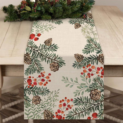 Winter Pine Cone Needle Branch Berry Table Runner, Watercolor Botanical Tabletop Scarf Home Kitchen Plant Decor, Seasonal Farmhouse Holiday Rustic Burlap Dining Decorations Party Supply
