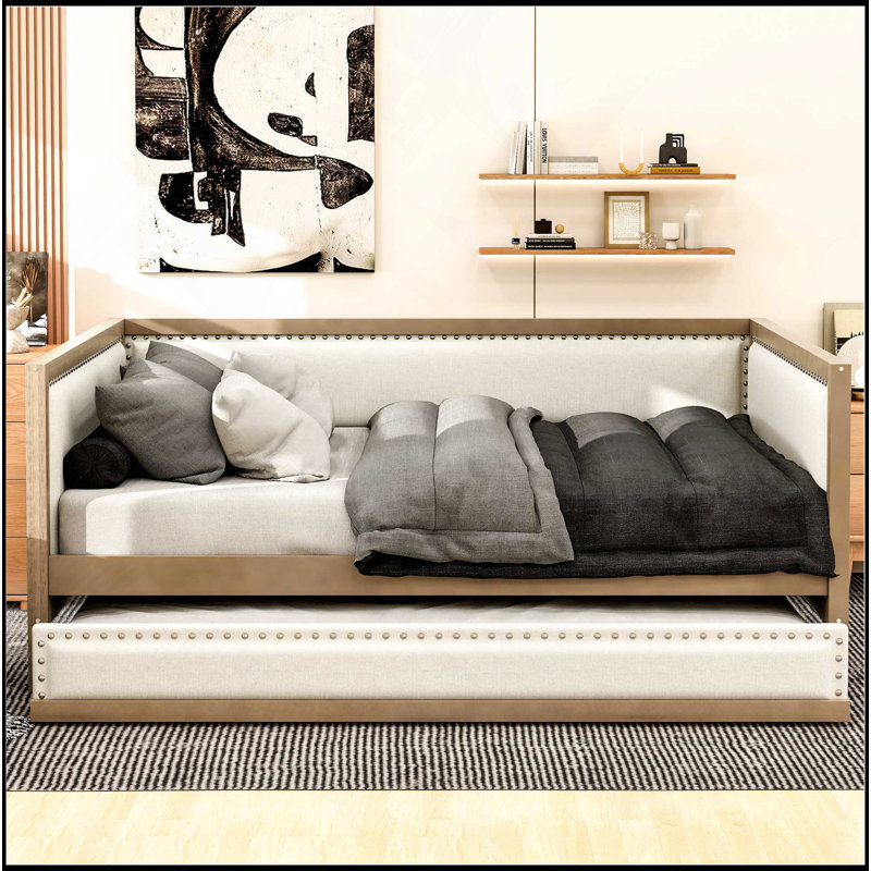 Full Size Upholstered Daybed With Trundle And Nailhead Decoration, Wood Color