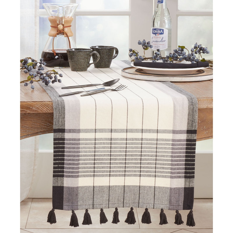 Black & White Woven Striped Tassel Cotton Table Runner 16" W X 72" L