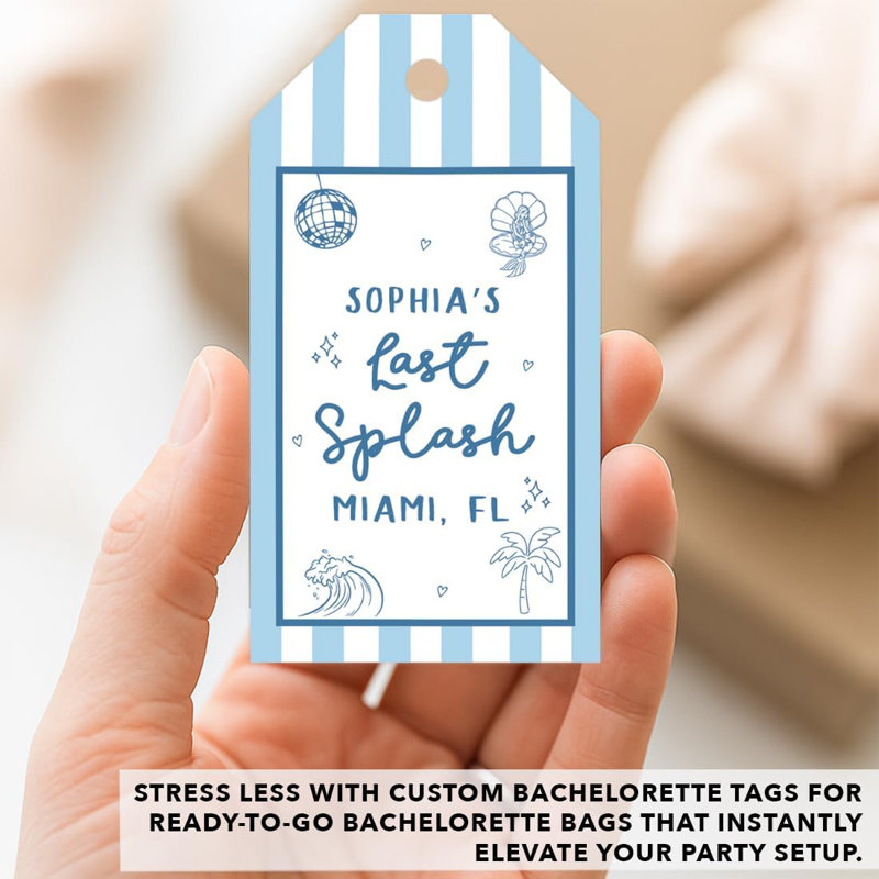 Étiquettes personnalisées «Last Splash Favor», étiquettes rayées bleues «Mermaid Beach Bachelorette», paquet de 20, Oui