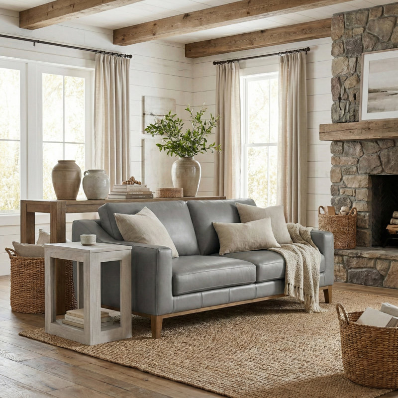 Weldon Mid-Century Leather 2-Piece Living Room Set, Gray