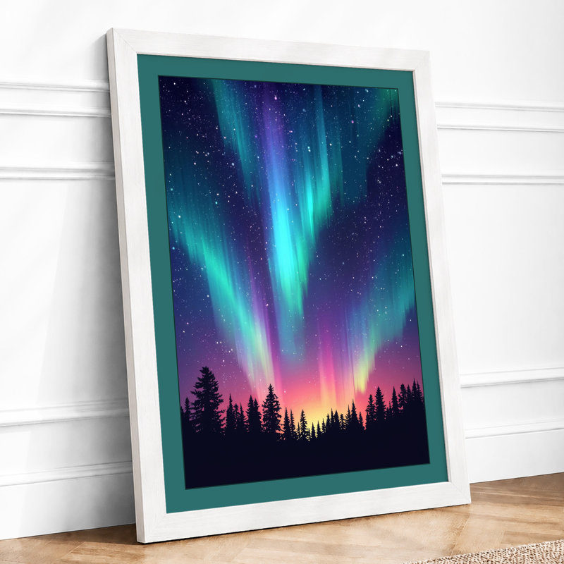 Aurora Over Silent Forest Scandinavian - Framed Print, A3 - 42.0 x 29.7 cm, White