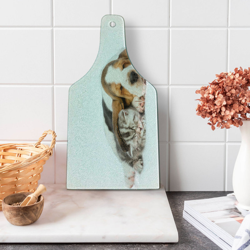 Ambesonne Basset Hound Tempered Glass Cutting Board Puppy Kitten Sleeping Dark Taupe Pearl