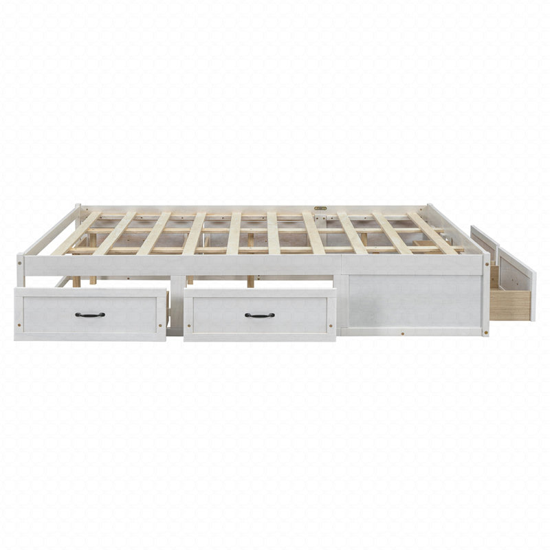 Queen Size Platform Bed with 6 Storage Drawers, Antique White, Antique White, Queen