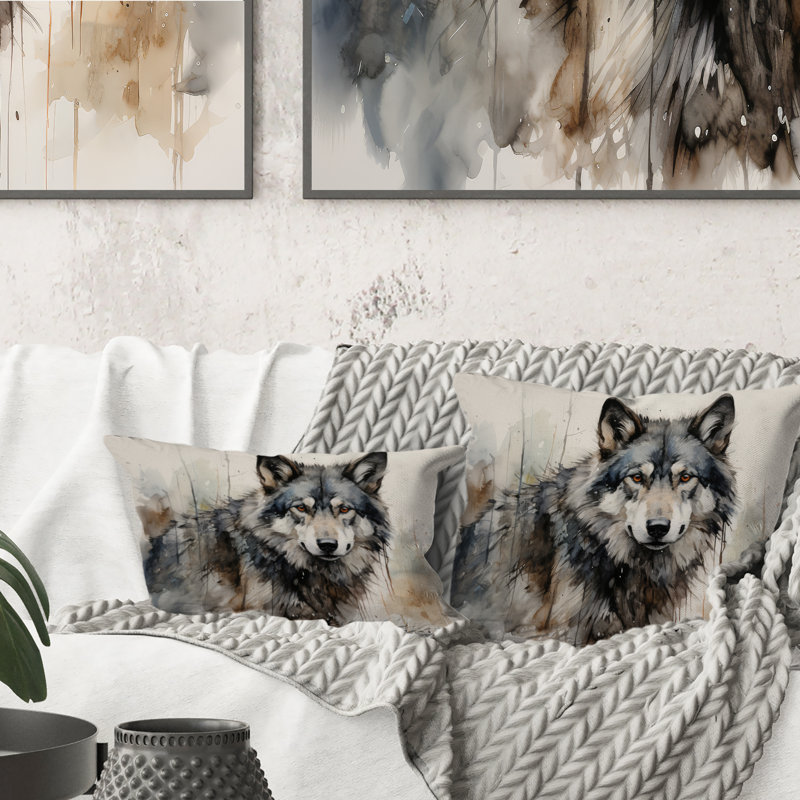 Oreiller imprimé loup, H 16 po x l 16 po, Carré