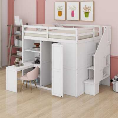 Lit mezzanine avec garde-robe, bureau et tablettes