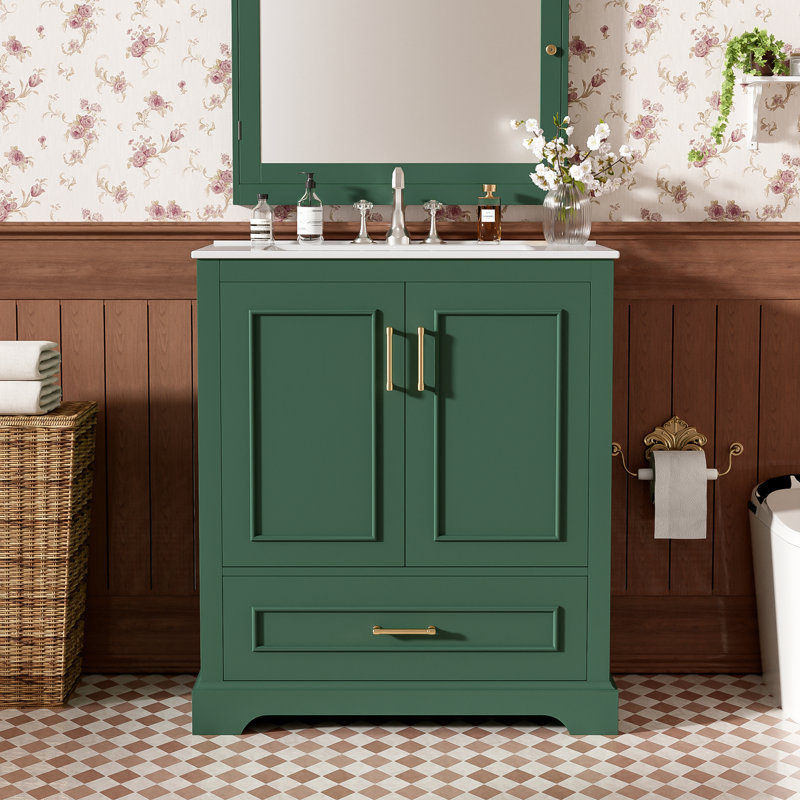 30" Freestanding Bathroom Vanity with Sink - MDF & Solid Wood Frame, 1 Divider Drawer & 2 Soft-Close Doors with Double Shelf