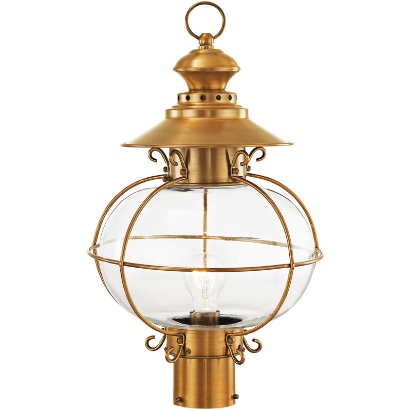 1 Light Outdoor Post Lantern Pendant Fixture with Clear Glass Shade, Brass