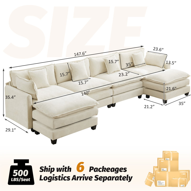 Chenille Upholstered Sectional Sofa Couch with Ottoman, Beige, 4 Seat + 2 Ottoman