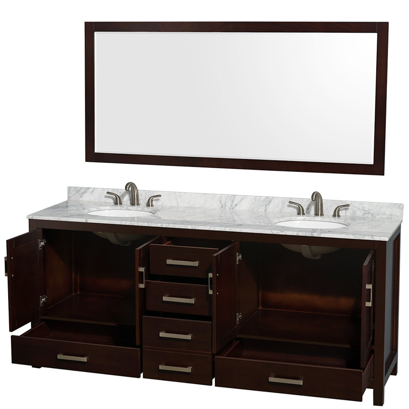 Sheffield 80" Freestanding Double Bathroom Vanity with Marble Top with 70" Mirror, White Carrara Marble