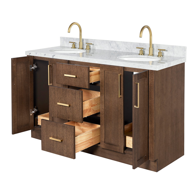 Meuble-lavabo ovale double de 155 cm avec comptoir en marbre blanc de Carrare de 3,8 cm d'épaisseur, fini chêne brun, Ovale