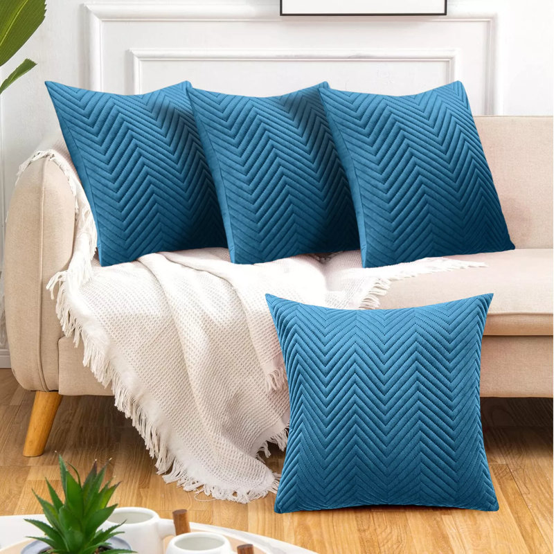 Luxury Chevron Embossed Quilted Pattern Velvet Cushion Cover Set (4-Pack) - Soft Throw Cushion Cover for Home Décor, Teal