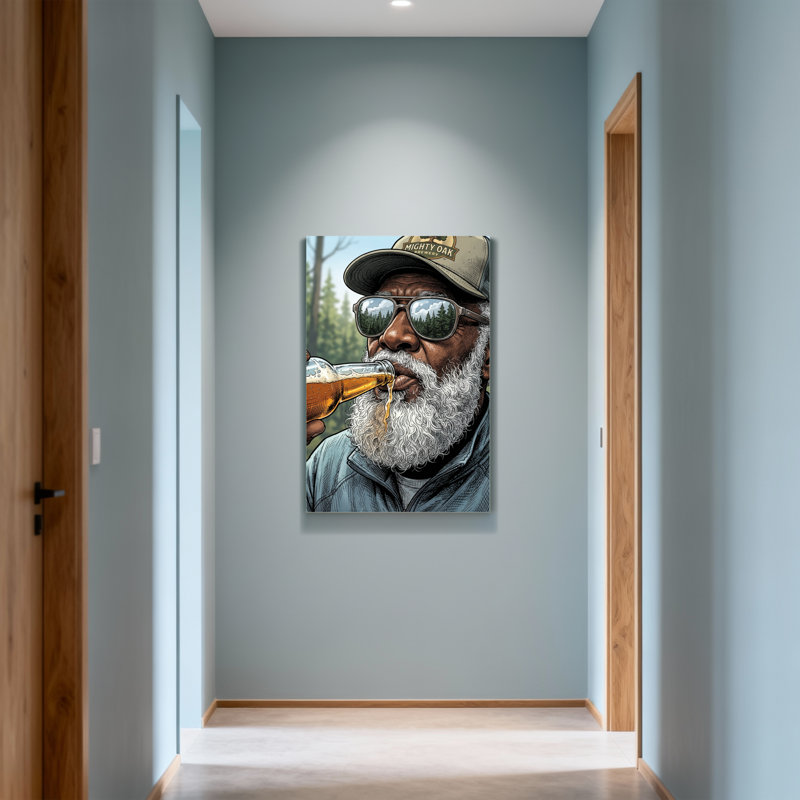 Homme à la mode buvant de la bière avec barbe et chapeau, H 12 po x l 18 po
