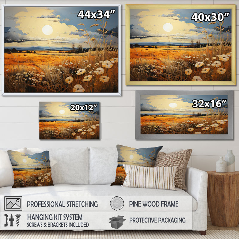 «Yellow Blue Prairies Whispers Patchwork II», reproduction sur toile, H 30 po x l 40 po x P 1,5 po, Cadre simple noir