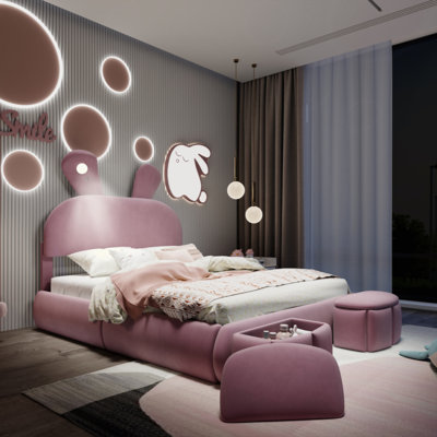 Upholstered Platform Bed With Cartoon Ears Shaped Headboard And Light