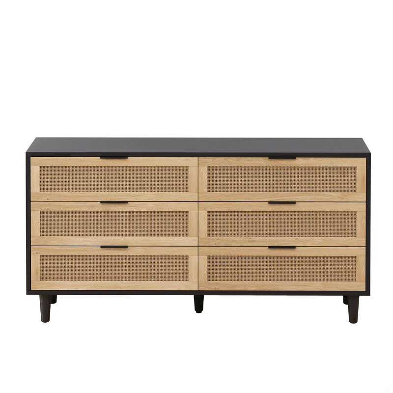 Armoire de rangement 59,6 po à 6 tiroirs en rotin avec glissières de tiroir, Noir