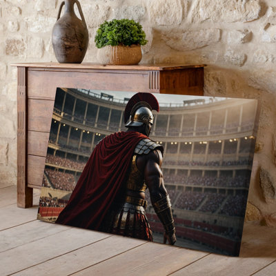 Canvas A Powerful Roman Gladiator Stands In Profile Adorned In Intricate Wall Art Metal Armor That Gleams Under The Bright Arena Canvas Wall Art