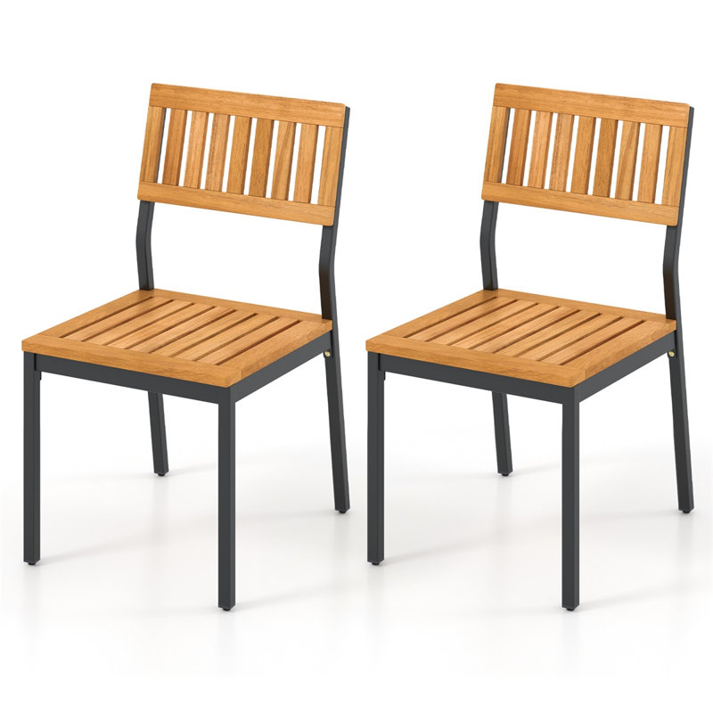  Ensemble de 2 chaises de patio rustiques modernes, structure en bois d'acacia et en métal, sièges d'extérieur résistants aux intempéries avec dossier incurvé ergonomique et pieds réglables, naturel