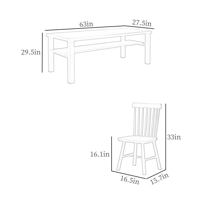 Simple Rectangular Solid Wood Dining Table Sets, 29.5" H x 63" L x 27.5" W