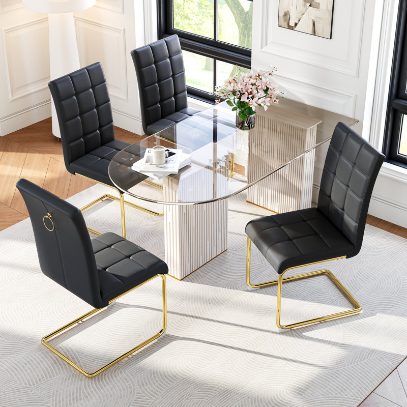 Modern Premium Faux Leather Conference Chairs with C-Shaped Tube Metal Legs and High Back, Gold, Black