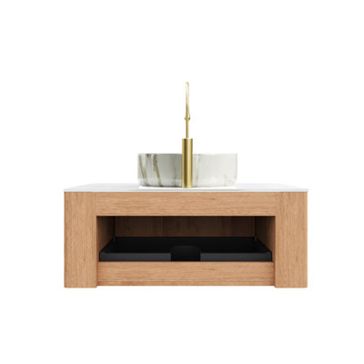 Meuble-lavabo suspendu de 91 cm avec lavabo rond en céramique, plateau en pierre frittée, tiroir à fermeture douce et rayures 3D naturelles, offrant beaucoup d'espace de rangement.