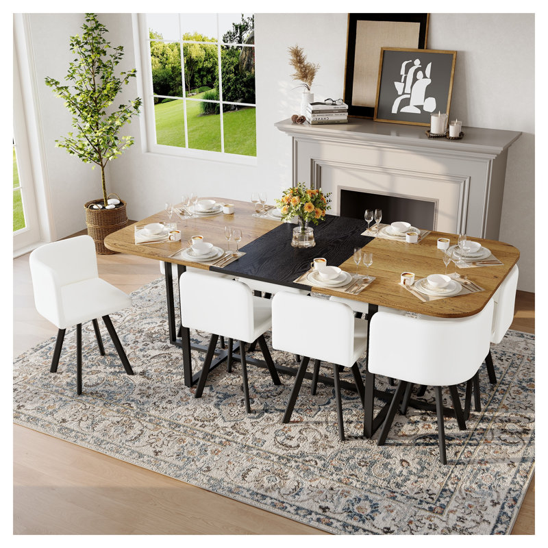 Ensemble de table de salle à manger 9 pièces pour 8 personnes, table de cuisine moderne bicolore grain de bois et noir avec 8 chaises en cuir de polyuréthane blanc, conception fixe non extensible