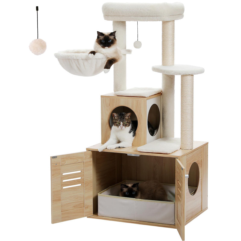 Arbre à chat moderne avec bac à litière et appartement pour chat en bois, Beige