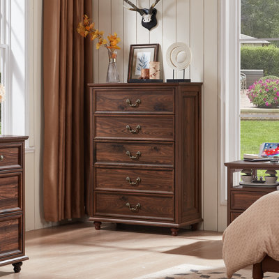 Farmhouse 5 Drawer Dresser For Bedroom, 45" Tall Vinatge Chests Of Drawers W/ 4 Solid Gourd Feet, Mid Century Modern Boho Wood Closet Storage Dressers Organizer For Living Room