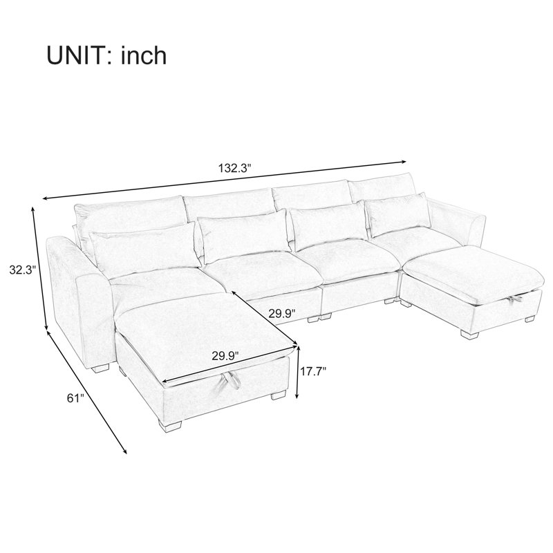 U-style Transformable Modular Corner Sofa With Storage Ottomans